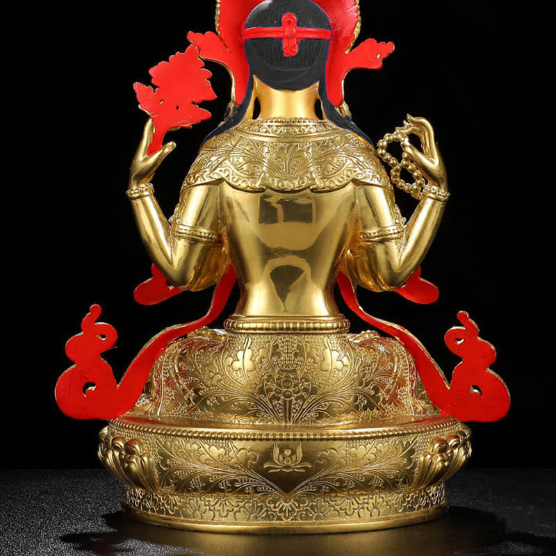 Buddha Stones Chenrezig Vierarmige Avalokitesvara Beschermingsbeeldje van koper met vergulde rand - image 11
