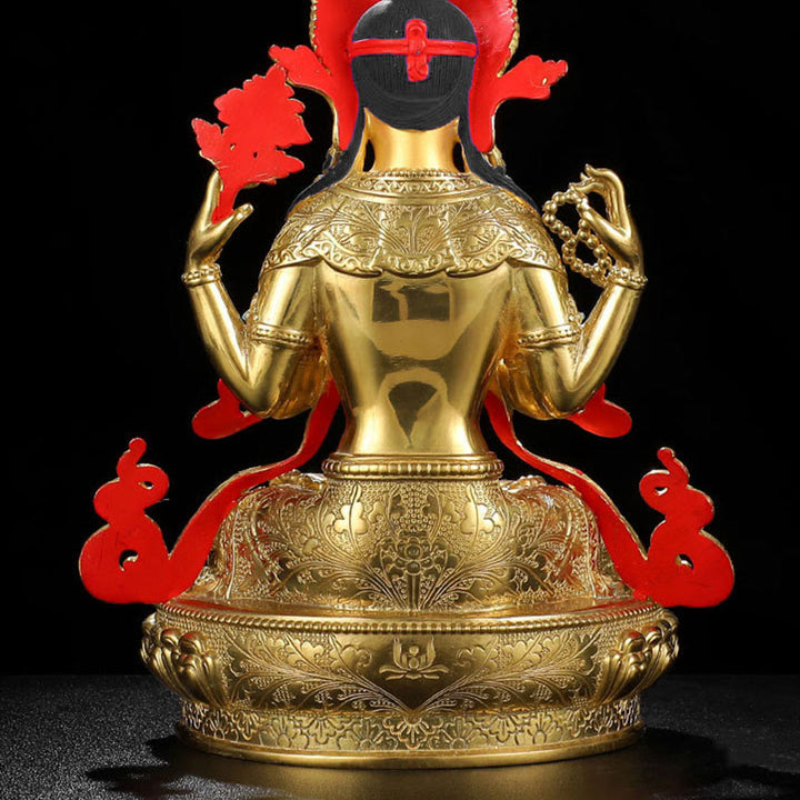 Buddha Stones Chenrezig Vierarmige Avalokitesvara Beschermingsbeeldje van koper met vergulde rand - image 11