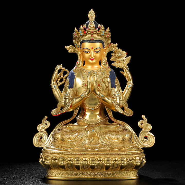 Buddha Stones Chenrezig Vierarmige Avalokitesvara Beschermingsbeeldje van koper met vergulde rand - image 8