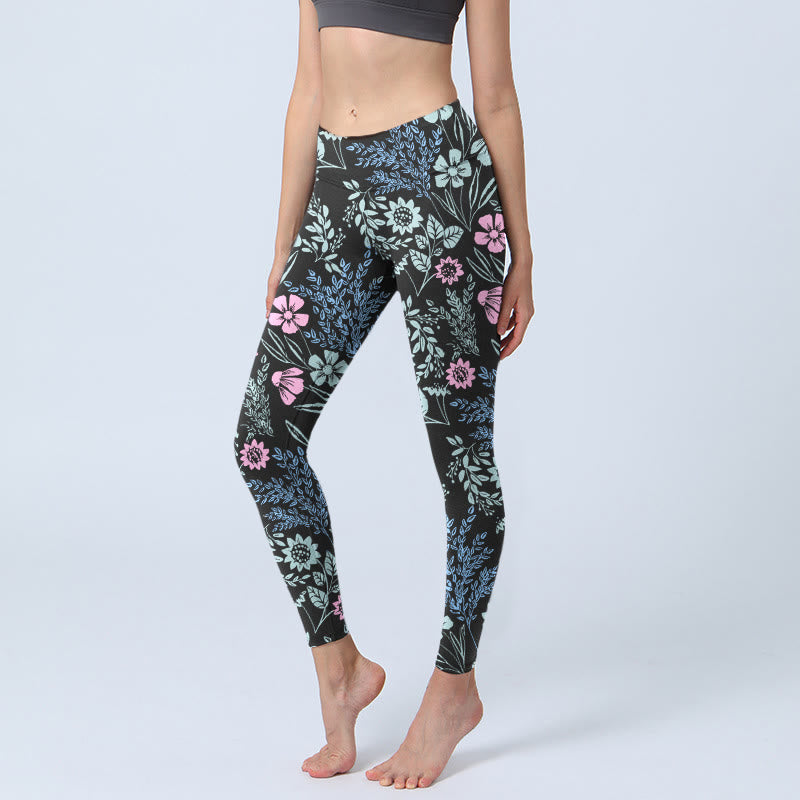 Buddha Stones Sportlegging/yogabroek voor dames met opvallend kleurcontrast en bloemen- en bladprint - Zwart - US18, UK/AU22, EU50 (4XL) - image 0