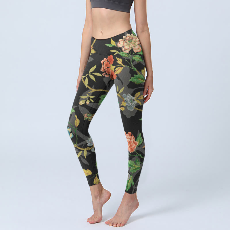 Buddha Stones Klassieke legging met bloemen-, blad-, vlinder- en vogelprint voor dames, geschikt voor de sportschool of als yogabroek. - Zwart - US18, UK/AU22, EU50 (4XL) - image 0