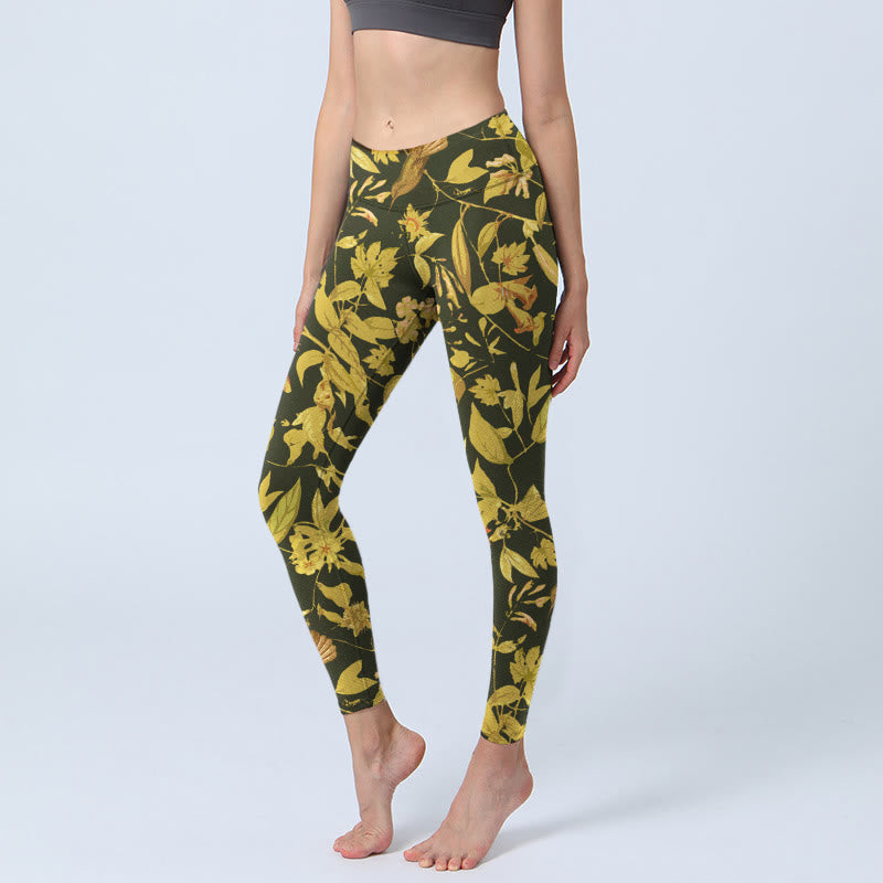 Buddha Stones Luxe sportlegging met bloemen-, blad- en vogelprint voor dames, perfect als yogabroek. - Zwart - US18, UK/AU22, EU50 (4XL) - image 0