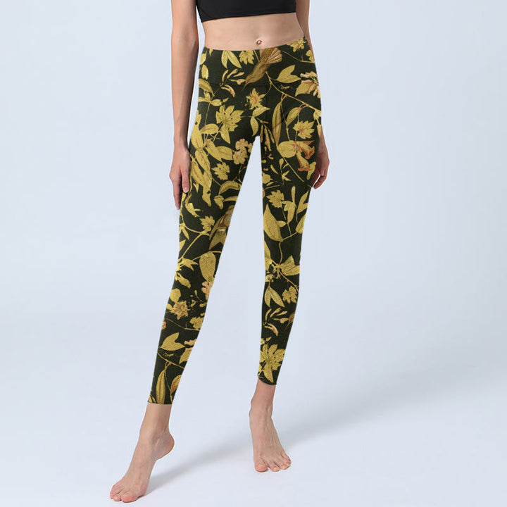 Buddha Stones Luxe sportlegging met bloemen-, blad- en vogelprint voor dames, perfect als yogabroek. - image 5