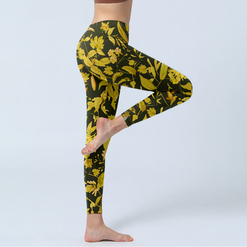 Buddha Stones Luxe sportlegging met bloemen-, blad- en vogelprint voor dames, perfect als yogabroek. - image 3