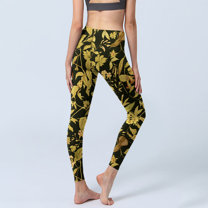 Buddha Stones Luxe sportlegging met bloemen-, blad- en vogelprint voor dames, perfect als yogabroek. - image 4