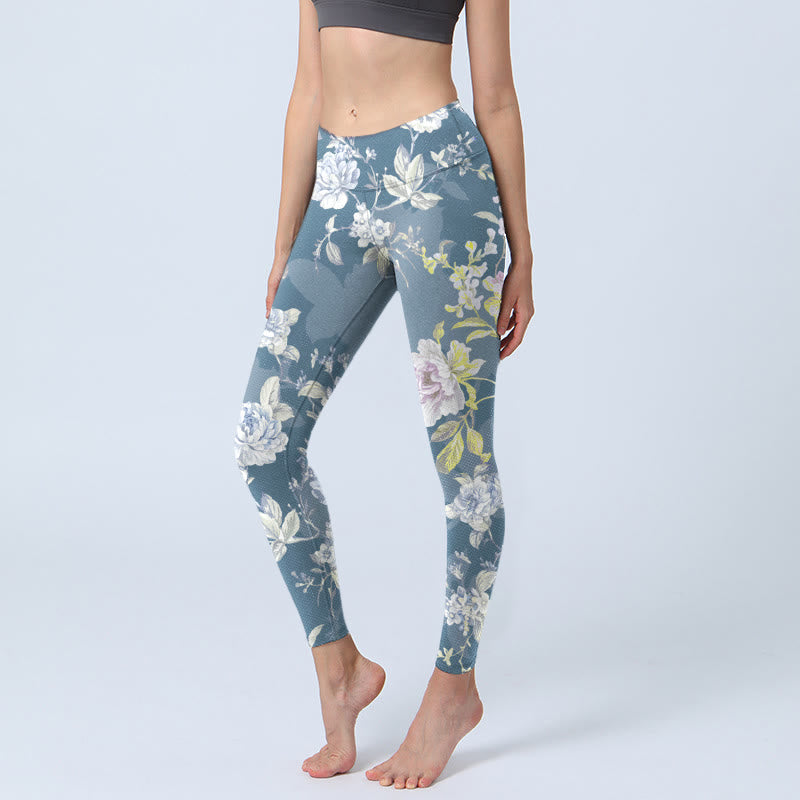 Buddha Stones Gymlegging/yogabroek voor dames met zachtgekleurde bloemen- en bladprint - Staalblauw - US18, UK/AU22, EU50 (4XL) - image 0