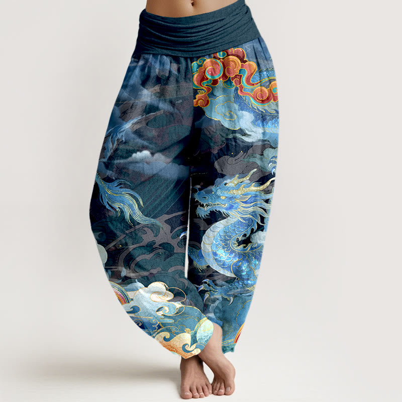 Buddha Stones Harembroek voor dames met elastische Taille, 100% Cotton met een prachtig draken-, wolken- en regenboogpatroon. - Staalblauw - US16, UK/AU20, EU48 (3XL) - image 0