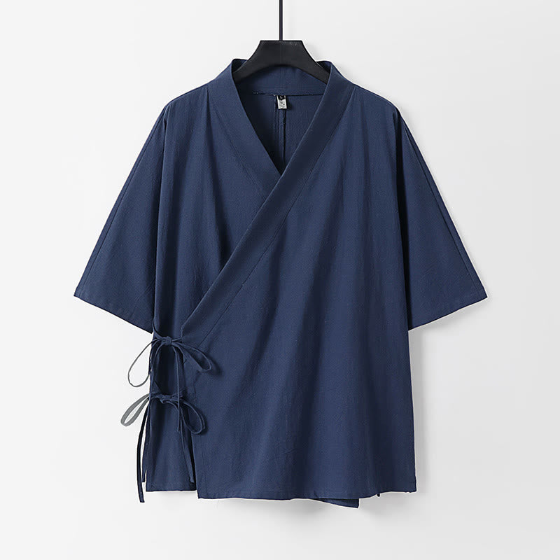 Buddha Stones Effen katoenen linnen herenkimono met vetersluiting en Mouwlengte - Staalblauw - US/UK/AU54, EU64 (9XL) - image 10
