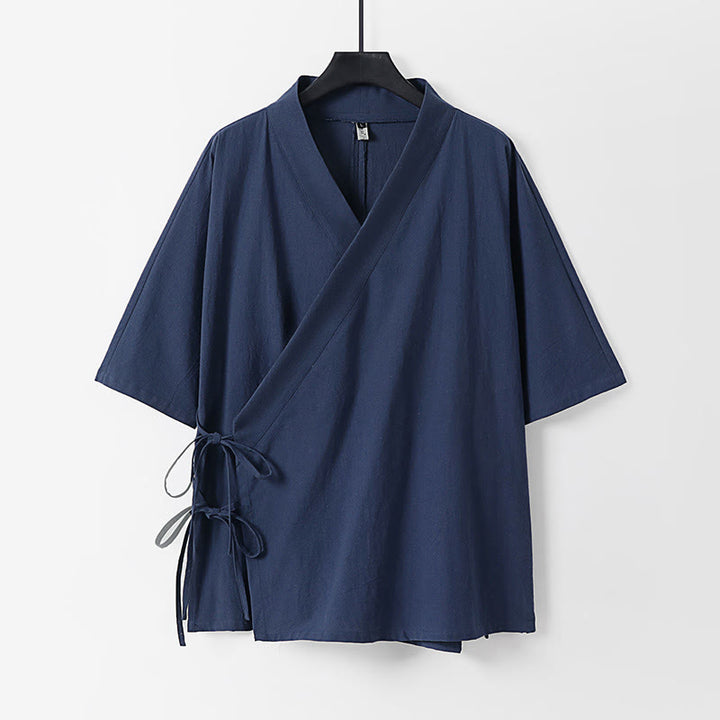 Buddha Stones Effen katoenen linnen herenkimono met vetersluiting en Mouwlengte - Staalblauw - US/UK/AU54, EU64 (9XL) - image 10