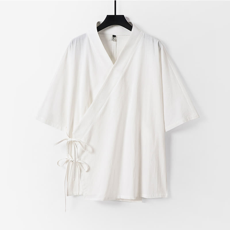 Buddha Stones Effen katoenen linnen herenkimono met vetersluiting en Mouwlengte - Wit - US/UK/AU54, EU64 (9XL) - image 11