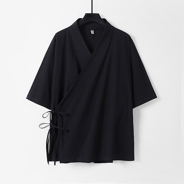 Buddha Stones Effen katoenen linnen herenkimono met vetersluiting en Mouwlengte - Zwart - US/UK/AU54, EU64 (9XL) - image 9