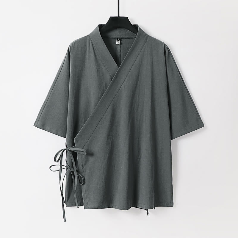 Buddha Stones Effen katoenen linnen herenkimono met vetersluiting en Mouwlengte - Grijs - US/UK/AU54, EU64 (9XL) - image 0