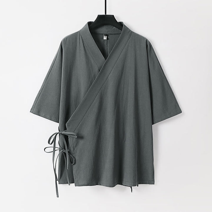 Buddha Stones Effen katoenen linnen herenkimono met vetersluiting en Mouwlengte - Grijs - US/UK/AU54, EU64 (9XL) - image 0