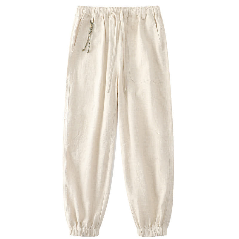 Buddha Stones Zomerse herenbroek van ramie-linnen en katoen, enkellang, met elastische manchetten, taps toelopend model en Zakken. - Beige - US/UK/AU46, EU56 (5XL) - image 0