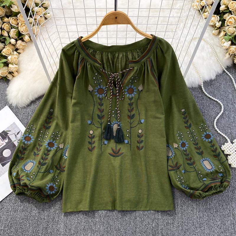 Buddha Stones Casual T-shirt met ronde hals van katoen en linnen met geborduurd bloem- en bladmotief voor dames - Donkergroen - US4-6, UK/AU8-10, EU36-38 (F) - image 0