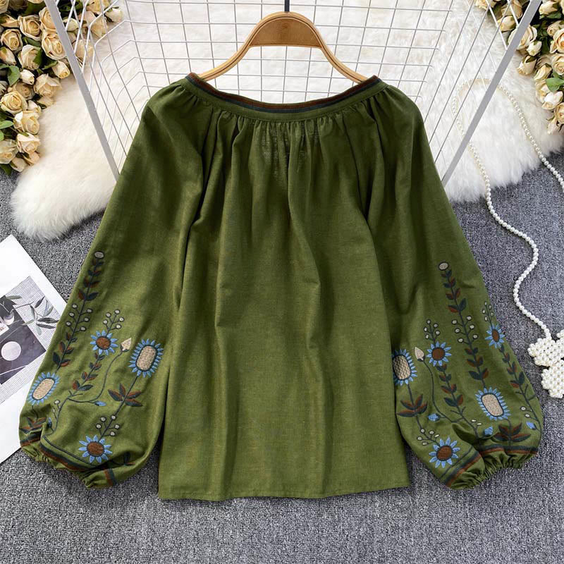 Buddha Stones Casual T-shirt met ronde hals van katoen en linnen met geborduurd bloem- en bladmotief voor dames - image 1