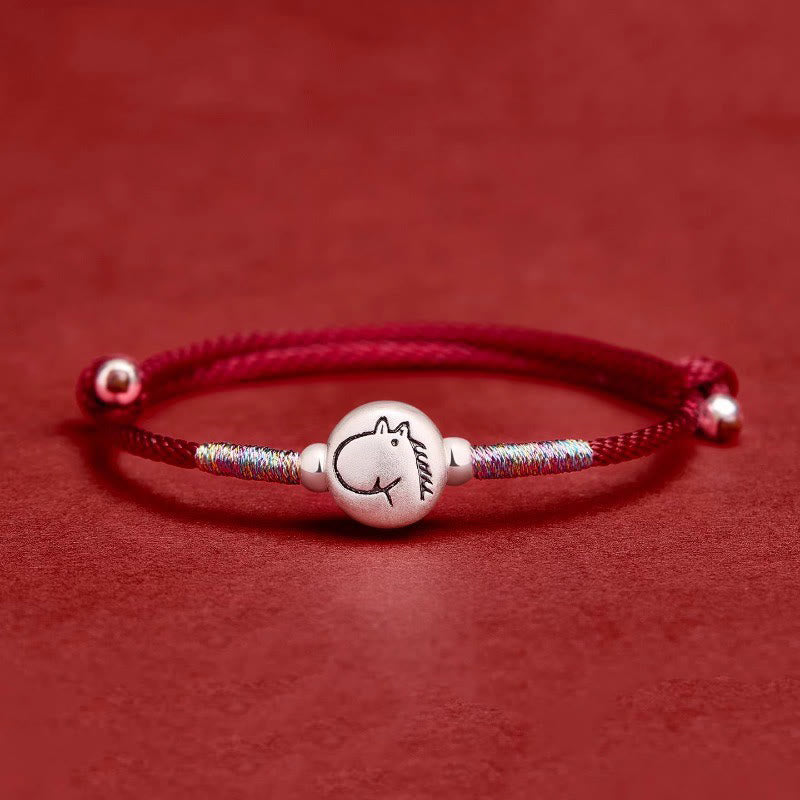 Buddha Stones Jaar van het Paard 999 Sterling Zilveren Armband met Rood Koord - Paardenkoord in donkerrood (Polsomtrek: 14-18 cm) - image 0