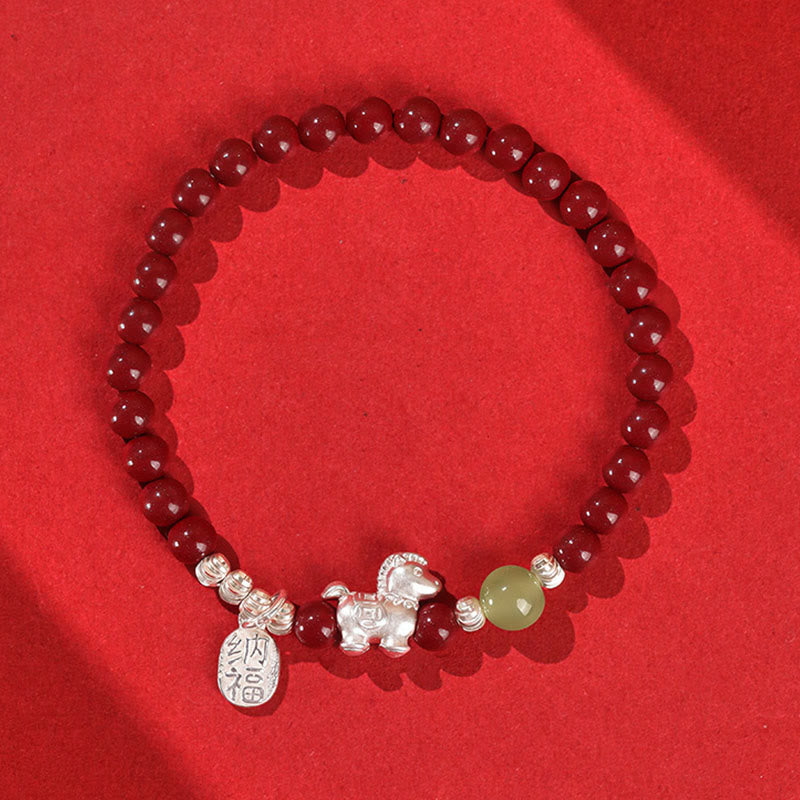 Buddha Stones Jaar van het Paard Cinnaber Hetian Jade 999 Sterling Zilveren Rode Koord Armband - 999 Sterling Zilveren Cinnaber Hetian Jade Paard (Polsomtrek: 14-15 cm) - image 1
