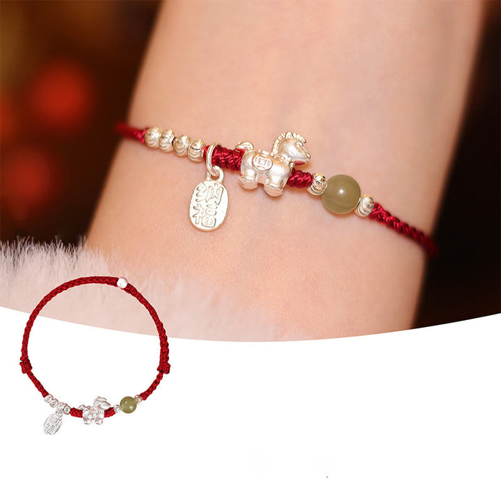 Buddha Stones Jaar van het Paard Cinnaber Hetian Jade 999 Sterling Zilveren Rode Koord Armband - Paard van Hetian jade, 999 sterling zilver (Polsomtrek: 14-15 cm) - image 14