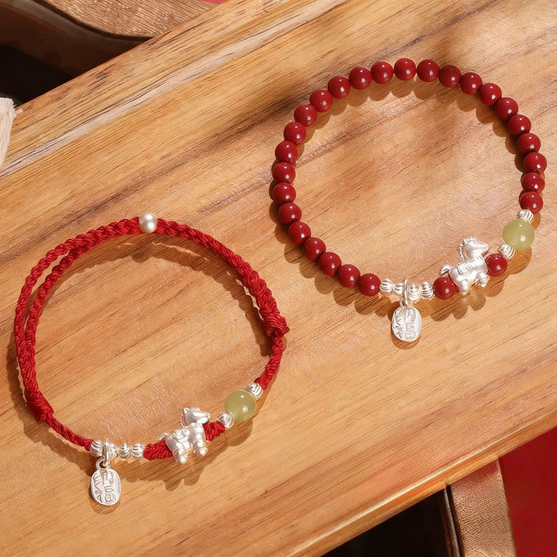 Buddha Stones Jaar van het Paard Cinnaber Hetian Jade 999 Sterling Zilveren Rode Koord Armband - Combinatieset (Polsomtrek: 14-15 cm) - image 0