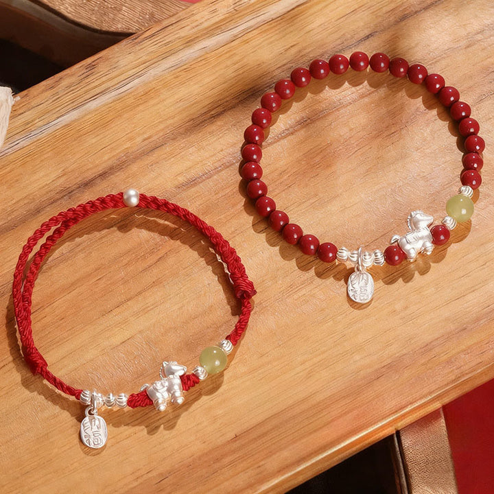 Buddha Stones Jaar van het Paard Cinnaber Hetian Jade 999 Sterling Zilveren Rode Koord Armband - Combinatieset (Polsomtrek: 14-15 cm) - image 0