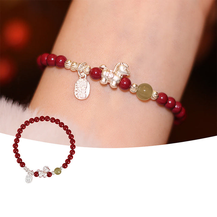 Buddha Stones Jaar van het Paard Cinnaber Hetian Jade 999 Sterling Zilveren Rode Koord Armband - image 2