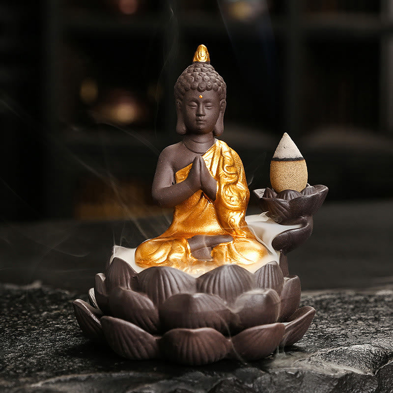 Buddha Stones Boeddha Sereniteit Huisdecoratie Wierook - Gouden Boeddha met gebedswens (9,1*7,8*10,7 cm) - image 4