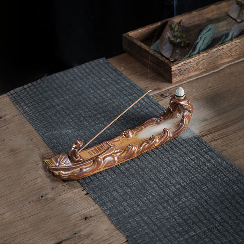 Buddha Stones Kleine boot cicade huisdecoratie Wierook - Vissen vanuit een eenzame boot (25*5,5*5,5 cm) - image 0