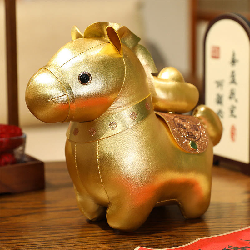 Buddha Stones Gouden baar van het Jaar van het Paard, schattige ponypop, symbool van welvaart voor huisdecoratie - Paard met goudstaaf - 25 cm (gemeten van oor tot voet) - image 1