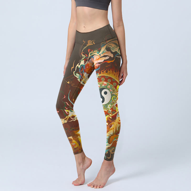 Buddha Stones Kleurrijke feeën Yin Yang vlammen kameel geit bloemenpatroon gymlegging dames yogabroek - Zadelbruin - US18, UK/AU22, EU50 (4XL) - image 0