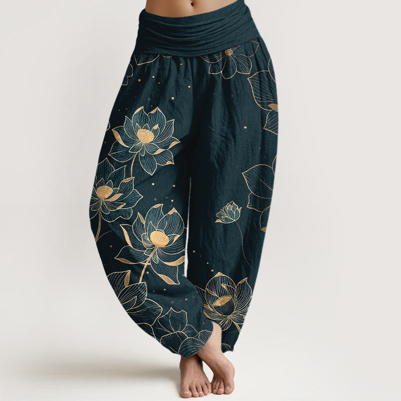 Buddha Stones Harembroek voor dames met elastische Taille, gemaakt van 100% Cotton met een delicate lotusprint. - Donkergroen - US16, UK/AU20, EU48 (3XL) - image 0