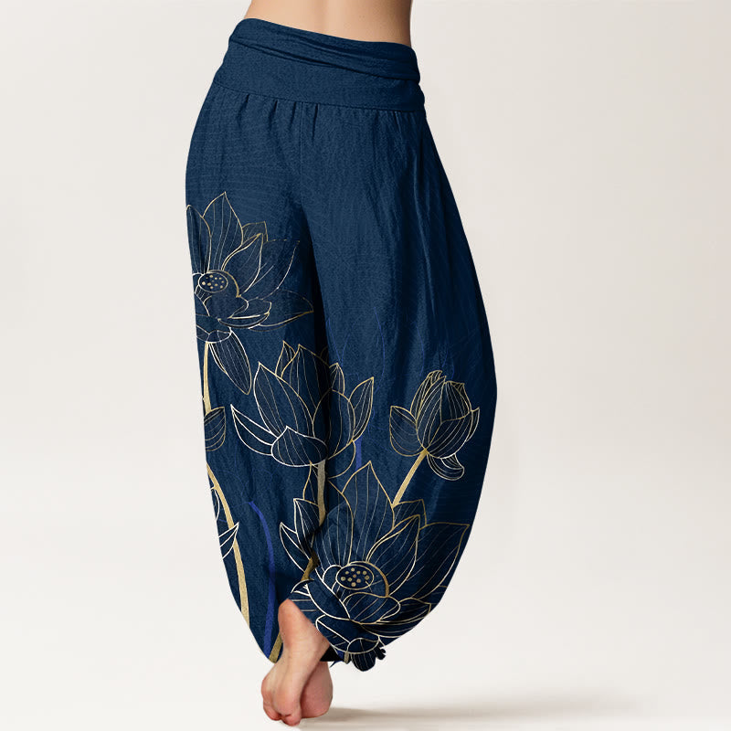 Buddha Stones Harembroek voor dames met elastische Taille , minimalistisch ontwerp en lotusbloemmotief, 100% Cotton. - image 1