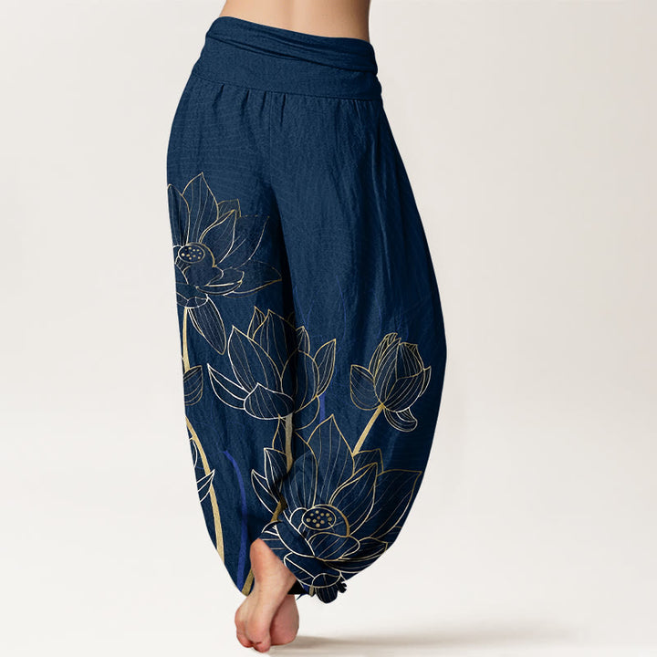 Buddha Stones Harembroek voor dames met elastische Taille , minimalistisch ontwerp en lotusbloemmotief, 100% Cotton. - image 1