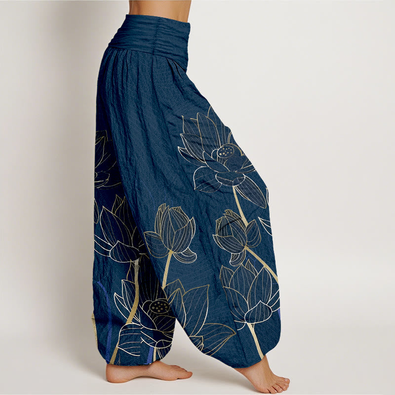 Buddha Stones Harembroek voor dames met elastische Taille , minimalistisch ontwerp en lotusbloemmotief, 100% Cotton. - image 2