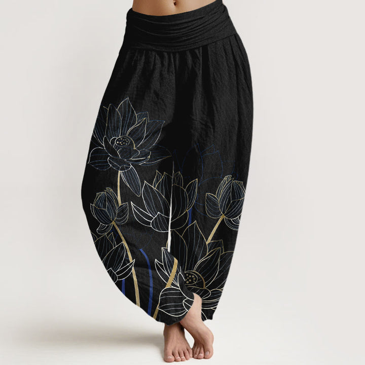 Buddha Stones Harembroek voor dames met elastische Taille , minimalistisch ontwerp en lotusbloemmotief, 100% Cotton. - Zwart - US16, UK/AU20, EU48 (3XL) - image 5