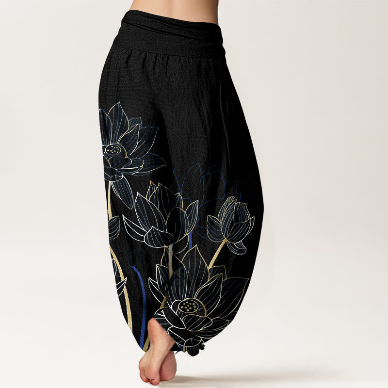 Buddha Stones Harembroek voor dames met elastische Taille , minimalistisch ontwerp en lotusbloemmotief, 100% Cotton. - image 6