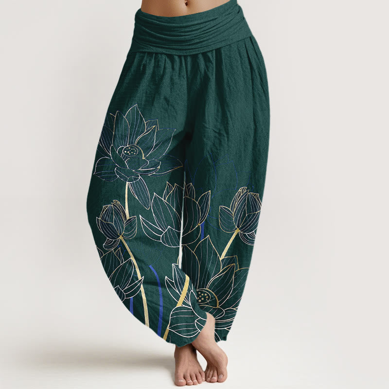Buddha Stones Harembroek voor dames met elastische Taille , minimalistisch ontwerp en lotusbloemmotief, 100% Cotton. - Donkergroen - US16, UK/AU20, EU48 (3XL) - image 8