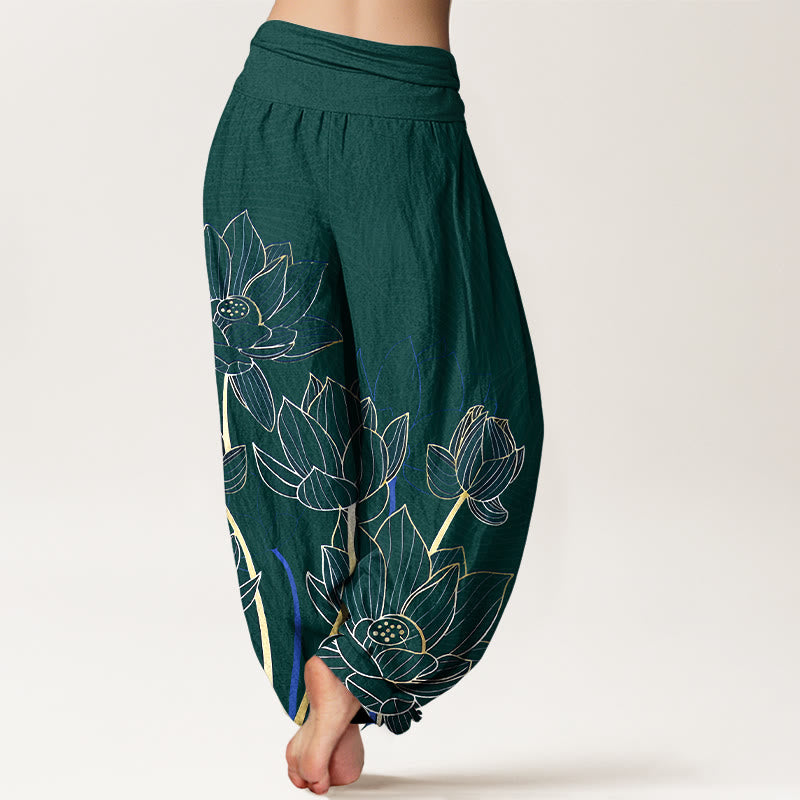 Buddha Stones Harembroek voor dames met elastische Taille , minimalistisch ontwerp en lotusbloemmotief, 100% Cotton. - image 9