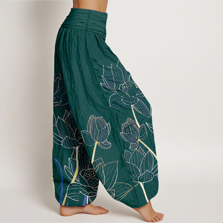 Buddha Stones Harembroek voor dames met elastische Taille , minimalistisch ontwerp en lotusbloemmotief, 100% Cotton. - image 10