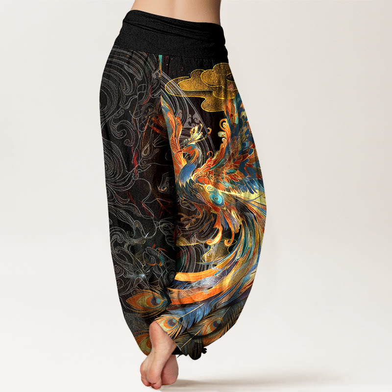 Buddha Stones Harembroek voor dames met elastische Taille en prachtig patroon van een vliegende fenikswolk . - image 1
