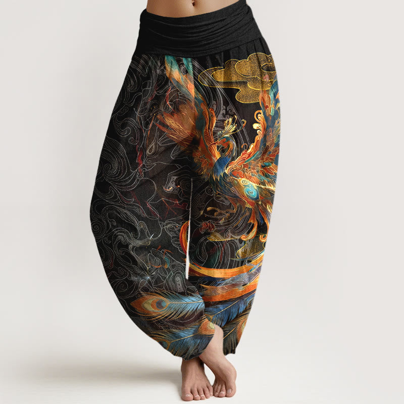 Buddha Stones Harembroek voor dames met elastische Taille en prachtig patroon van een vliegende fenikswolk . - Zwart - US16, UK/AU20, EU48 (3XL) - image 0