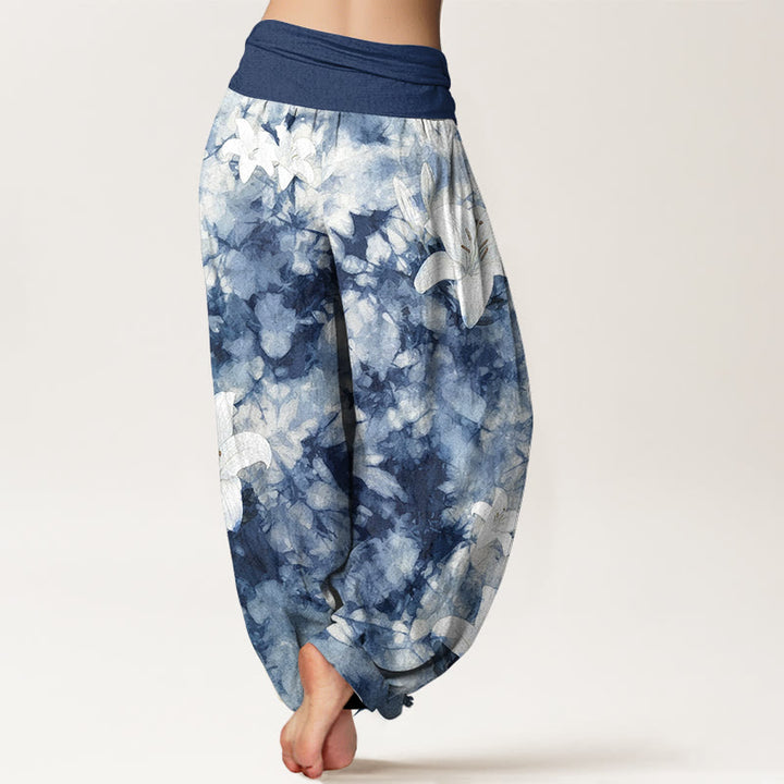 Buddha Stones Harembroek voor dames van 100% Cotton met leliepatroon in aquarelstijl en elastische Taille . - image 1