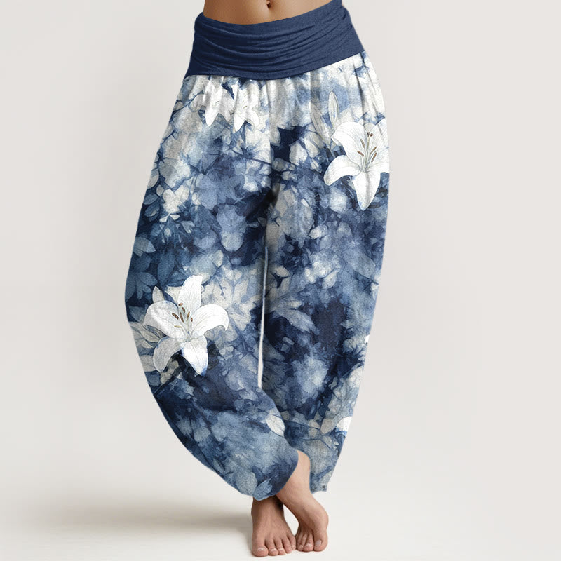 Buddha Stones Harembroek voor dames van 100% Cotton met leliepatroon in aquarelstijl en elastische Taille . - Middernachtblauw - US16, UK/AU20, EU48 (3XL) - image 0