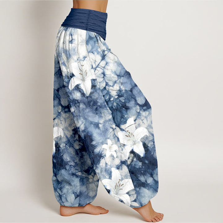 Buddha Stones Harembroek voor dames van 100% Cotton met leliepatroon in aquarelstijl en elastische Taille . - image 2
