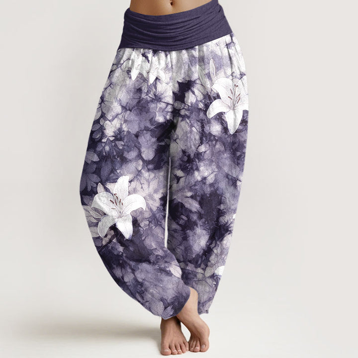 Buddha Stones Harembroek voor dames van 100% Cotton met leliepatroon in aquarelstijl en elastische Taille . - Indigo - US16, UK/AU20, EU48 (3XL) - image 5