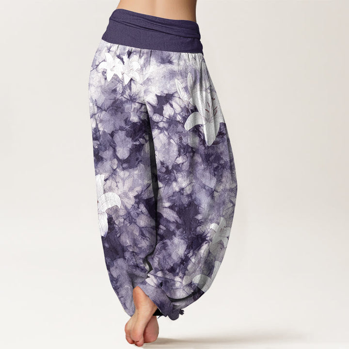 Buddha Stones Harembroek voor dames van 100% Cotton met leliepatroon in aquarelstijl en elastische Taille . - image 6