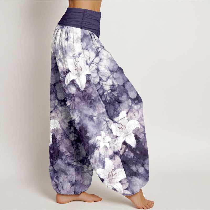 Buddha Stones Harembroek voor dames van 100% Cotton met leliepatroon in aquarelstijl en elastische Taille . - image 7