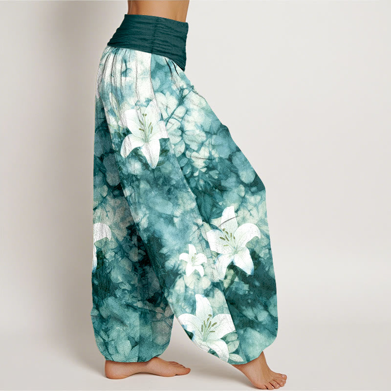Buddha Stones Harembroek voor dames van 100% Cotton met leliepatroon in aquarelstijl en elastische Taille . - image 10