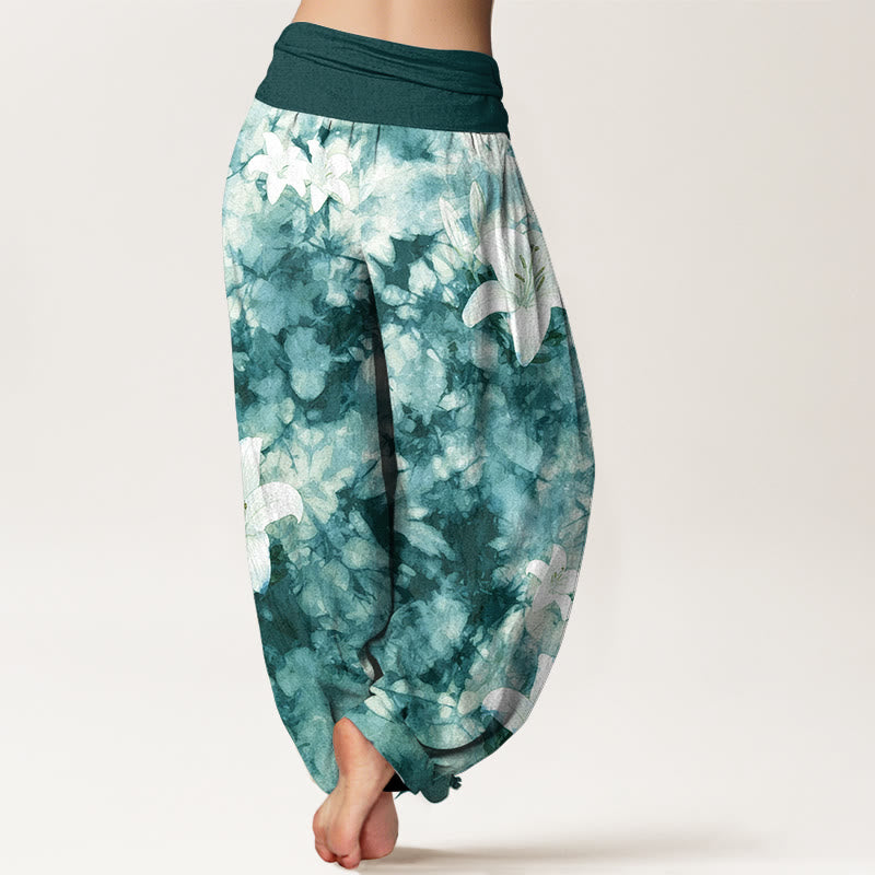 Buddha Stones Harembroek voor dames van 100% Cotton met leliepatroon in aquarelstijl en elastische Taille . - image 9