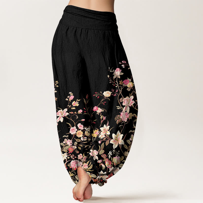 Buddha Stones Harembroek voor dames met elastische Taille en prachtig kleurrijk bloemenpatroon van 100% Cotton - image 1